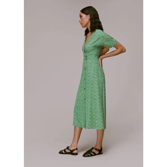 Whistles Dress Midi Ink Leopard Print Green Button Front Punk Cottagecore Grunge - Picture 1 of 10